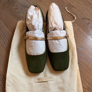 Frances Valentine green suede Mary Jane flats with gold trim